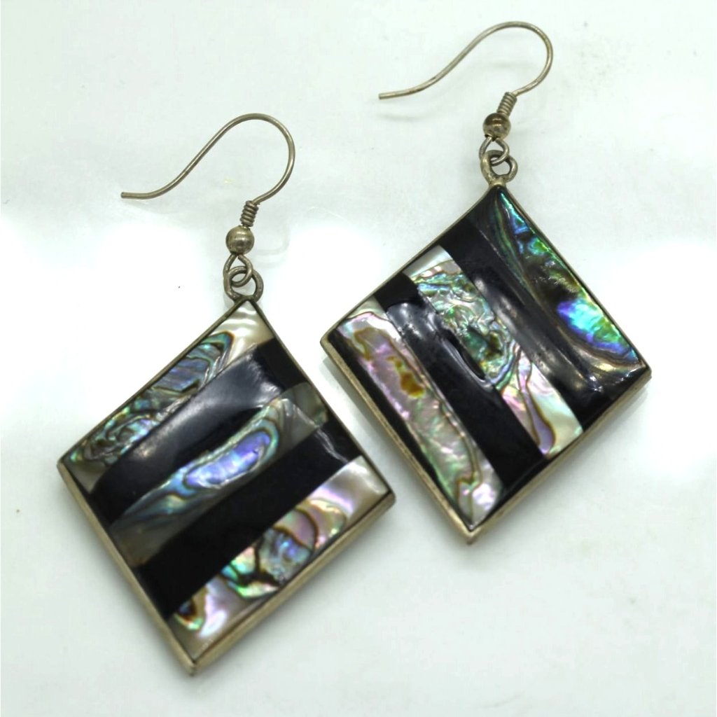 Alpaca Silver Mexico Earrings Abalone Black Onyx Drop Dangle Vintage 1 Square 25$